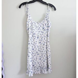 Olivaceous Ruffle White and Blue Floral Dress